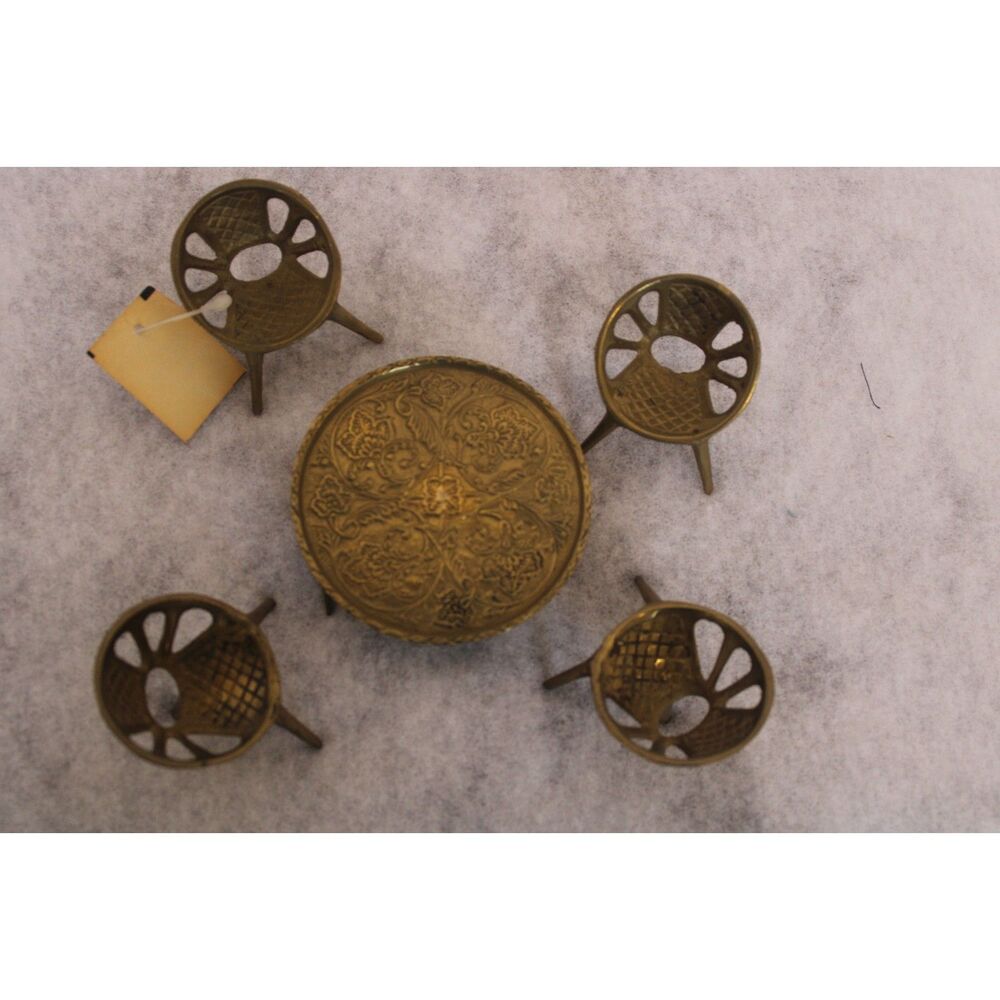 Vintage Archana Crafts Etched Brass Miniature Dollhouse Bistro Table  4 Chairs